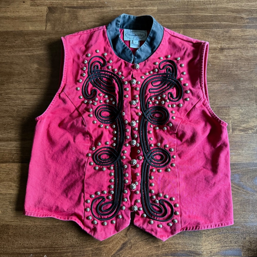 Stonebridge Vintage Red Denim Western Vest Studded Soutache Embroidery Size 8